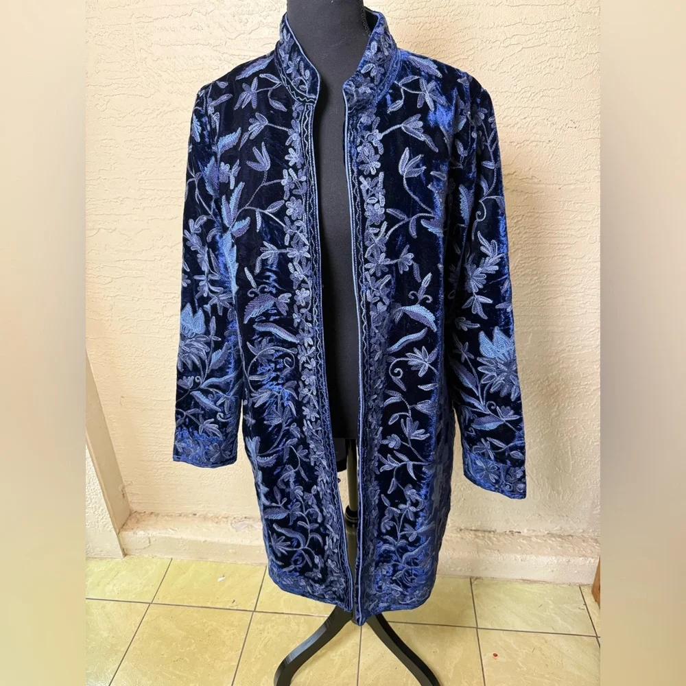 Soft Surroundings Navy Blue Velvet Embroidered Trench Coat - Picture 5 of 16